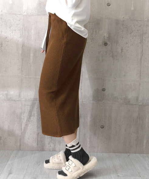 ロングスカート ミモレ丈 秋冬服 韓国風 レディースニットスカート 無地 オフィスカジュアル リブニット 伸縮性 着やせ ウエストゴム タイトスカート ベーシック 77RR-001