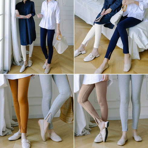 レギンスパンツ 裾スリット入り 春秋冬 リブニット ウエストゴム ストレッチ パンツ スキニー 伸縮性 部屋着 おしゃれ 77RTENG-005
