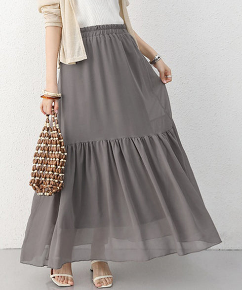 ロングスカート シフォン 裏地付き 春夏 ティアードスカート ウエストゴム 韓国風 フレアスカート フェミニン Aライン マキシスカート ギャザー入り 体型カバー 77RTENG-009