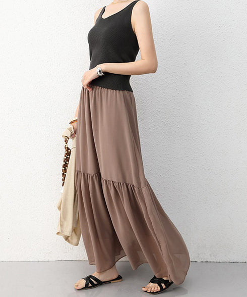 ロングスカート シフォン 裏地付き 春夏 ティアードスカート ウエストゴム 韓国風 フレアスカート フェミニン Aライン マキシスカート ギャザー入り 体型カバー 77RTENG-009