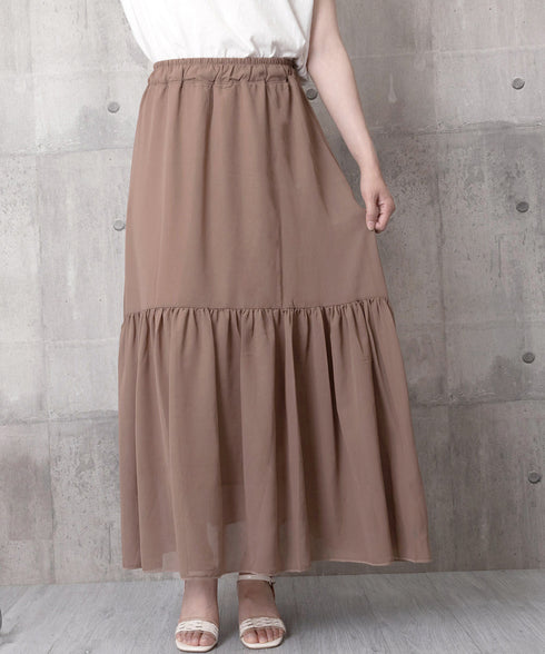 ロングスカート シフォン 裏地付き 春夏 ティアードスカート ウエストゴム 韓国風 フレアスカート フェミニン Aライン マキシスカート ギャザー入り 体型カバー 77RTENG-009