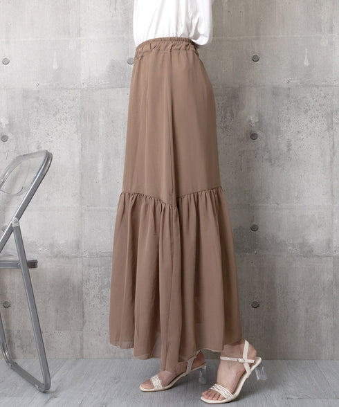 ロングスカート シフォン 裏地付き 春夏 ティアードスカート ウエストゴム 韓国風 フレアスカート フェミニン Aライン マキシスカート ギャザー入り 体型カバー 77RTENG-009