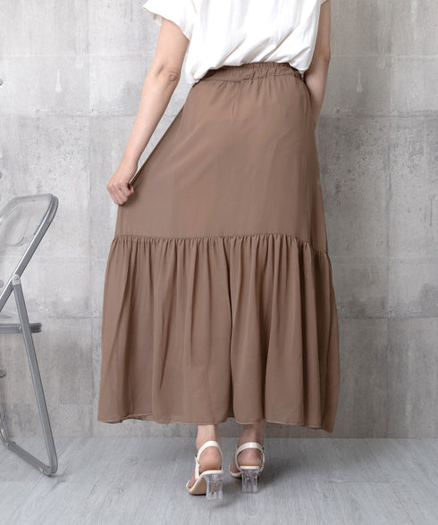 ロングスカート シフォン 裏地付き 春夏 ティアードスカート ウエストゴム 韓国風 フレアスカート フェミニン Aライン マキシスカート ギャザー入り 体型カバー 77RTENG-009