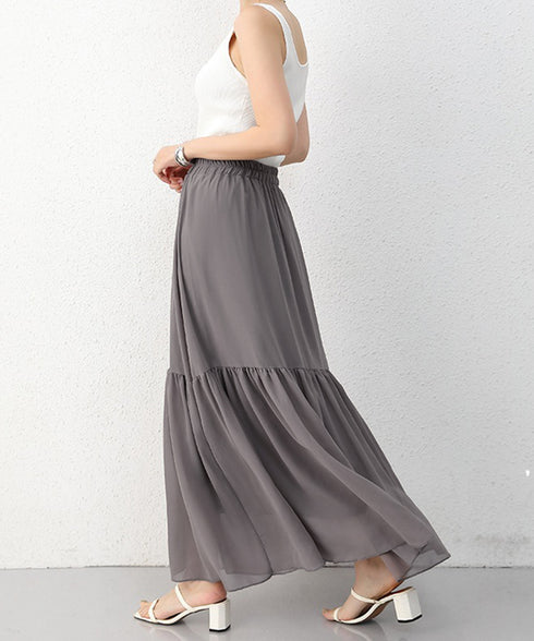 ロングスカート シフォン 裏地付き 春夏 ティアードスカート ウエストゴム 韓国風 フレアスカート フェミニン Aライン マキシスカート ギャザー入り 体型カバー 77RTENG-009
