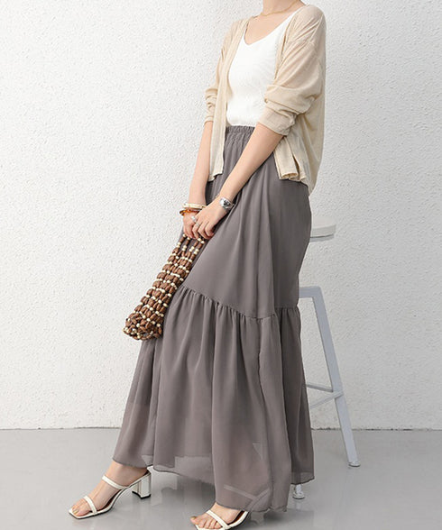 ロングスカート シフォン 裏地付き 春夏 ティアードスカート ウエストゴム 韓国風 フレアスカート フェミニン Aライン マキシスカート ギャザー入り 体型カバー 77RTENG-009