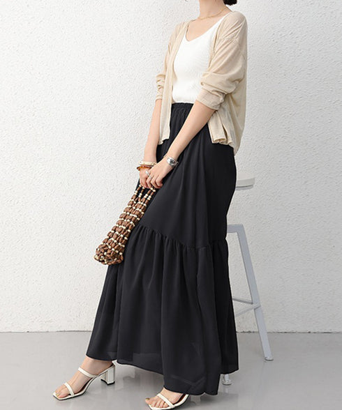 ロングスカート シフォン 裏地付き 春夏 ティアードスカート ウエストゴム 韓国風 フレアスカート フェミニン Aライン マキシスカート ギャザー入り 体型カバー 77RTENG-009