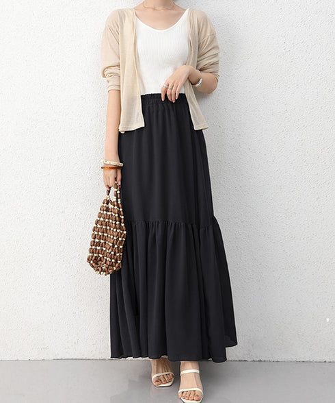 ロングスカート シフォン 裏地付き 春夏 ティアードスカート ウエストゴム 韓国風 フレアスカート フェミニン Aライン マキシスカート ギャザー入り 体型カバー 77RTENG-009