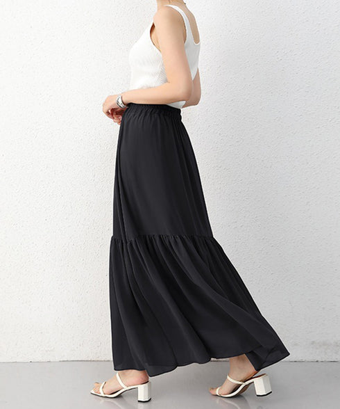 ロングスカート シフォン 裏地付き 春夏 ティアードスカート ウエストゴム 韓国風 フレアスカート フェミニン Aライン マキシスカート ギャザー入り 体型カバー 77RTENG-009