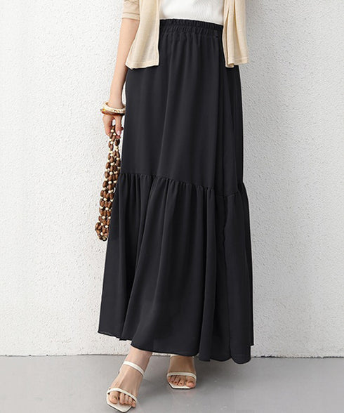 ロングスカート シフォン 裏地付き 春夏 ティアードスカート ウエストゴム 韓国風 フレアスカート フェミニン Aライン マキシスカート ギャザー入り 体型カバー 77RTENG-009