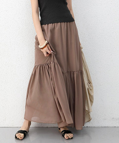 ロングスカート シフォン 裏地付き 春夏 ティアードスカート ウエストゴム 韓国風 フレアスカート フェミニン Aライン マキシスカート ギャザー入り 体型カバー 77RTENG-009