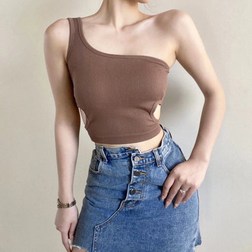 タンクトップ へそ出し ワンショルダー カップ付きトップス ノンワイヤー セクシー サマーニット レイヤード インナー 肌見せ リブニット 77SHIHUA-001