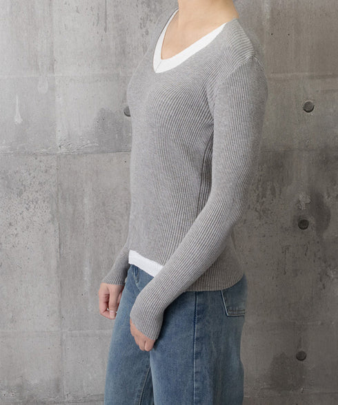 ニットトップス レイヤード風 Vネック服 レディース ニットソー 長袖 重ね着風 プルオーバー 春秋冬 リブニット 可愛い 韓国ファッション ニットウェア 着回し 77SHIN-001