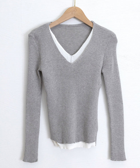 ニットトップス レイヤード風 Vネック服 レディース ニットソー 長袖 重ね着風 プルオーバー 春秋冬 リブニット 可愛い 韓国ファッション ニットウェア 着回し 77SHIN-001