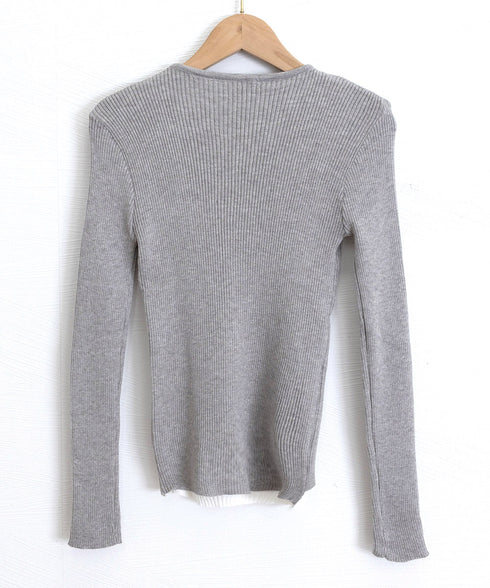 ニットトップス レイヤード風 Vネック服 レディース ニットソー 長袖 重ね着風 プルオーバー 春秋冬 リブニット 可愛い 韓国ファッション ニットウェア 着回し 77SHIN-001