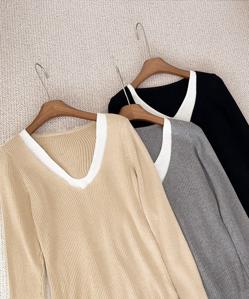 ニットトップス レイヤード風 Vネック服 レディース ニットソー 長袖 重ね着風 プルオーバー 春秋冬 リブニット 可愛い 韓国ファッション ニットウェア 着回し 77SHIN-001