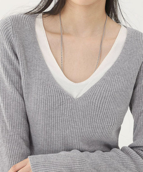 ニットトップス レイヤード風 Vネック服 レディース ニットソー 長袖 重ね着風 プルオーバー 春秋冬 リブニット 可愛い 韓国ファッション ニットウェア 着回し 77SHIN-001