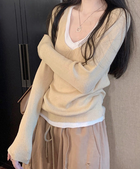 ニットトップス レイヤード風 Vネック服 レディース ニットソー 長袖 重ね着風 プルオーバー 春秋冬 リブニット 可愛い 韓国ファッション ニットウェア 着回し 77SHIN-001