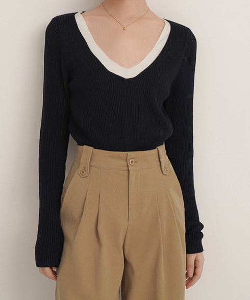 ニットトップス レイヤード風 Vネック服 レディース ニットソー 長袖 重ね着風 プルオーバー 春秋冬 リブニット 可愛い 韓国ファッション ニットウェア 着回し 77SHIN-001