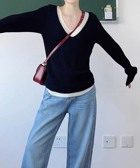 ニットトップス レイヤード風 Vネック服 レディース ニットソー 長袖 重ね着風 プルオーバー 春秋冬 リブニット 可愛い 韓国ファッション ニットウェア 着回し 77SHIN-001