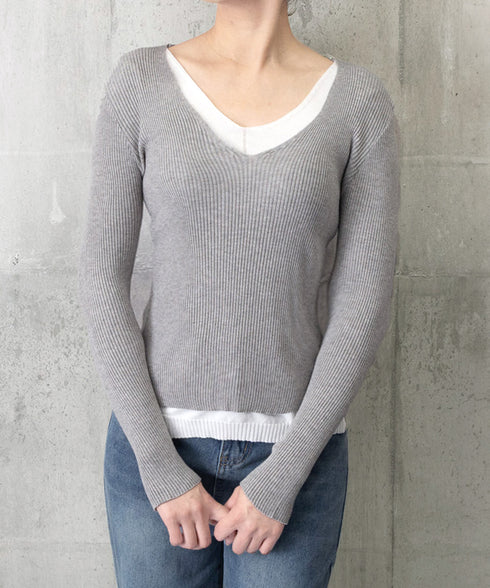 ニットトップス レイヤード風 Vネック服 レディース ニットソー 長袖 重ね着風 プルオーバー 春秋冬 リブニット 可愛い 韓国ファッション ニットウェア 着回し 77SHIN-001