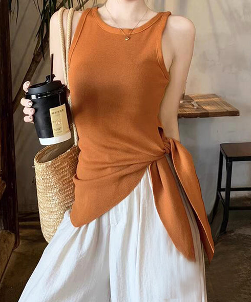 タンクトップ 韓国風 サイドスリット夏服 レディース サマーニット ノースリーブ ニットトップス カジュアル 大人可愛い ラウンドネック アシンメトリートップス 77SHPIN-001