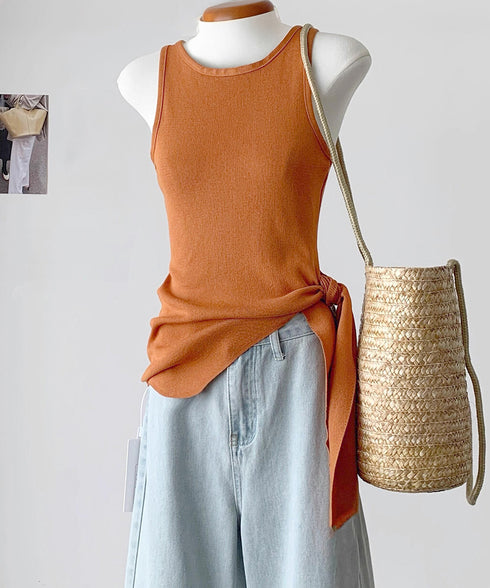 タンクトップ 韓国風 サイドスリット夏服 レディース サマーニット ノースリーブ ニットトップス カジュアル 大人可愛い ラウンドネック アシンメトリートップス 77SHPIN-001
