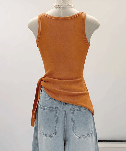 タンクトップ 韓国風 サイドスリット夏服 レディース サマーニット ノースリーブ ニットトップス カジュアル 大人可愛い ラウンドネック アシンメトリートップス 77SHPIN-001