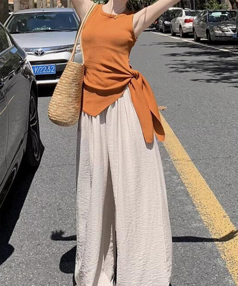 タンクトップ 韓国風 サイドスリット夏服 レディース サマーニット ノースリーブ ニットトップス カジュアル 大人可愛い ラウンドネック アシンメトリートップス 77SHPIN-001