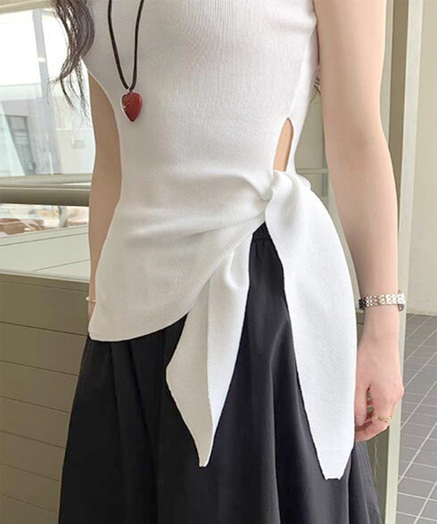 タンクトップ 韓国風 サイドスリット夏服 レディース サマーニット ノースリーブ ニットトップス カジュアル 大人可愛い ラウンドネック アシンメトリートップス 77SHPIN-001