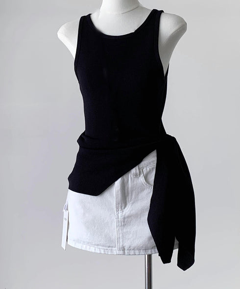 タンクトップ 韓国風 サイドスリット夏服 レディース サマーニット ノースリーブ ニットトップス カジュアル 大人可愛い ラウンドネック アシンメトリートップス 77SHPIN-001