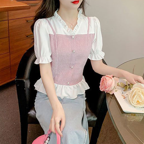 シャツブラウス 半袖 フリルVネック レディーストップス パフスリーブ 大人可愛い レイヤード風 通勤通学 プルオーバー おしゃれ 配色 パールボダン 77SSQ-002