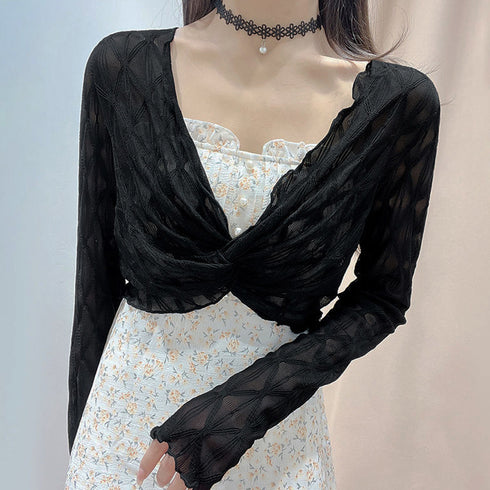 シアートップス フロントツイスト 長袖 ショート丈トップス レディース 透け感 Vネック 重ね着 大人可愛い 韓国ファッション クロップド丈 鎖骨見せ セクシー 77SSQ-003