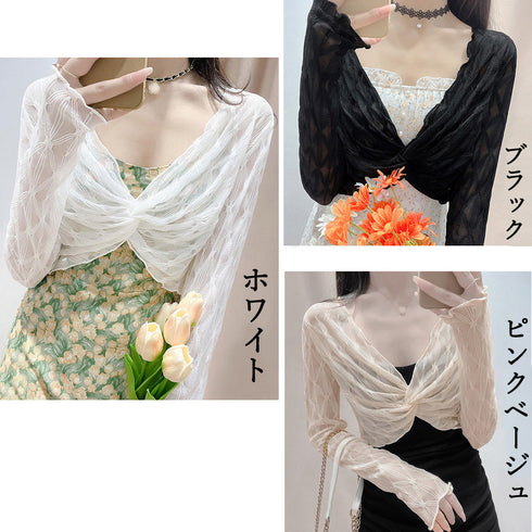 シアートップス フロントツイスト 長袖 ショート丈トップス レディース 透け感 Vネック 重ね着 大人可愛い 韓国ファッション クロップド丈 鎖骨見せ セクシー 77SSQ-003