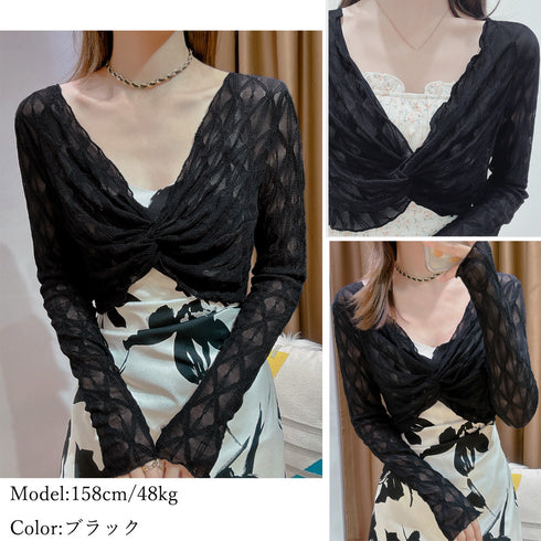 シアートップス フロントツイスト 長袖 ショート丈トップス レディース 透け感 Vネック 重ね着 大人可愛い 韓国ファッション クロップド丈 鎖骨見せ セクシー 77SSQ-003