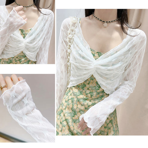 シアートップス フロントツイスト 長袖 ショート丈トップス レディース 透け感 Vネック 重ね着 大人可愛い 韓国ファッション クロップド丈 鎖骨見せ セクシー 77SSQ-003