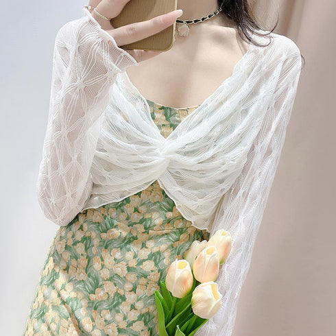 シアートップス フロントツイスト 長袖 ショート丈トップス レディース 透け感 Vネック 重ね着 大人可愛い 韓国ファッション クロップド丈 鎖骨見せ セクシー 77SSQ-003