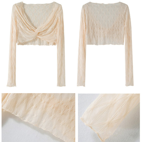 シアートップス フロントツイスト 長袖 ショート丈トップス レディース 透け感 Vネック 重ね着 大人可愛い 韓国ファッション クロップド丈 鎖骨見せ セクシー 77SSQ-003