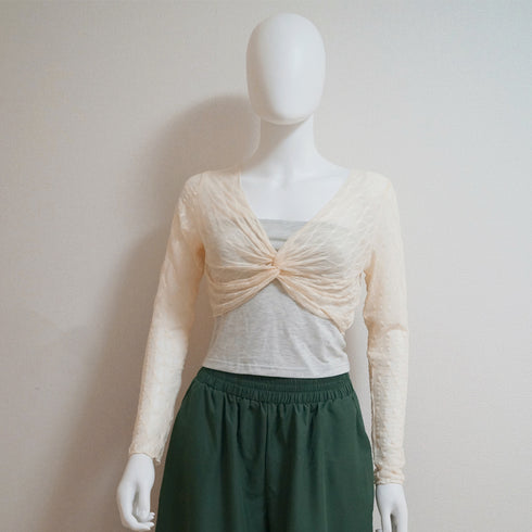 シアートップス フロントツイスト 長袖 ショート丈トップス レディース 透け感 Vネック 重ね着 大人可愛い 韓国ファッション クロップド丈 鎖骨見せ セクシー 77SSQ-003