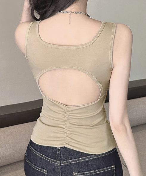 タンクトップ カップ付き インナーウェア 背中見せタンク レディース ノンワイヤー セクシー 夏服 ノースリーブトップス バックオープン 重ね着 カジュアル 肌着 77XF-016