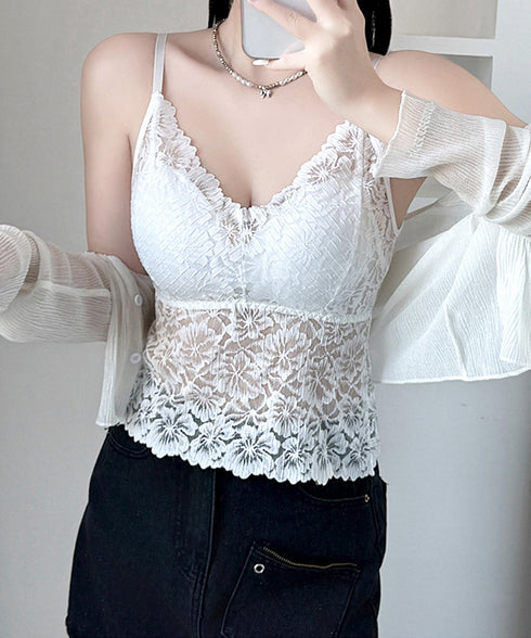 総レースキャミソール カップ付き 花柄 インナーキャミ ノンワイヤー セクシー 下着 Vネック 背中見せ インナーウェア 透け感 肌着 韓国風 重ね着 可愛い 77XF-017