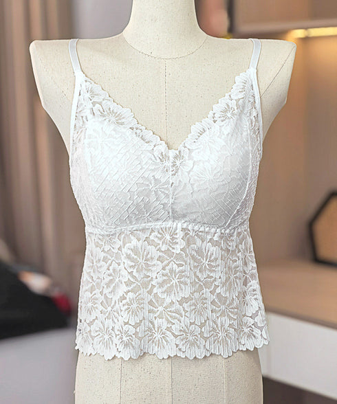 総レースキャミソール カップ付き 花柄 インナーキャミ ノンワイヤー セクシー 下着 Vネック 背中見せ インナーウェア 透け感 肌着 韓国風 重ね着 可愛い 77XF-017