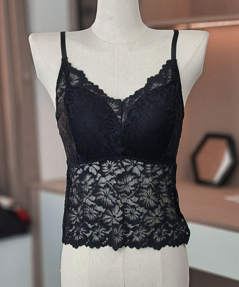 総レースキャミソール カップ付き 花柄 インナーキャミ ノンワイヤー セクシー 下着 Vネック 背中見せ インナーウェア 透け感 肌着 韓国風 重ね着 可愛い 77XF-017