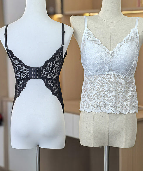 総レースキャミソール カップ付き 花柄 インナーキャミ ノンワイヤー セクシー 下着 Vネック 背中見せ インナーウェア 透け感 肌着 韓国風 重ね着 可愛い 77XF-017