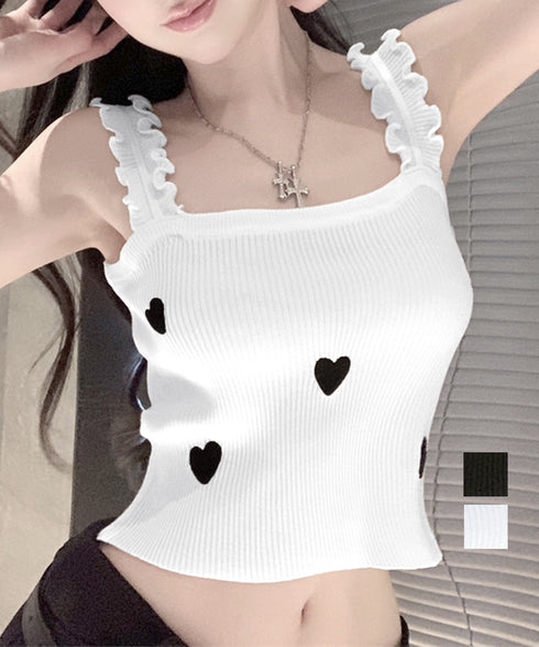 タンクトップ 韓国風夏服 ハート柄キャミ キャミソール レディース サマーニット ショート丈 ノースリーブ 春夏トップス スクエアネック 重ね着インナー オシャレ 77XF-020