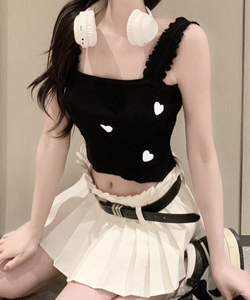 タンクトップ 韓国風夏服 ハート柄キャミ キャミソール レディース サマーニット ショート丈 ノースリーブ 春夏トップス スクエアネック 重ね着インナー オシャレ 77XF-020