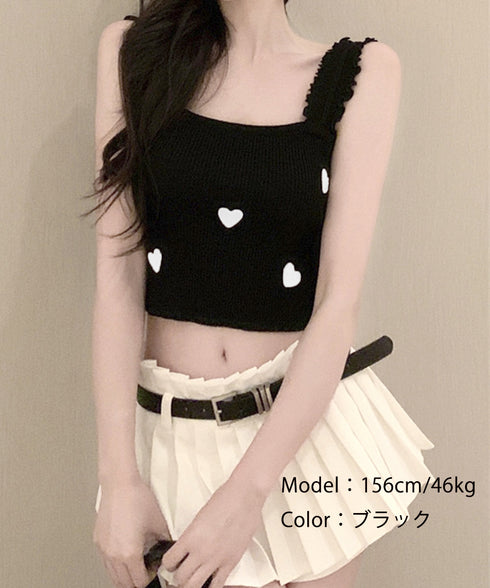 タンクトップ 韓国風夏服 ハート柄キャミ キャミソール レディース サマーニット ショート丈 ノースリーブ 春夏トップス スクエアネック 重ね着インナー オシャレ 77XF-020