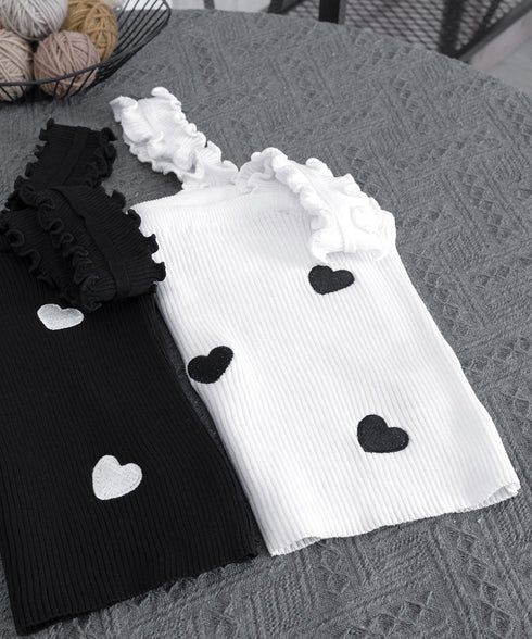 タンクトップ 韓国風夏服 ハート柄キャミ キャミソール レディース サマーニット ショート丈 ノースリーブ 春夏トップス スクエアネック 重ね着インナー オシャレ 77XF-020