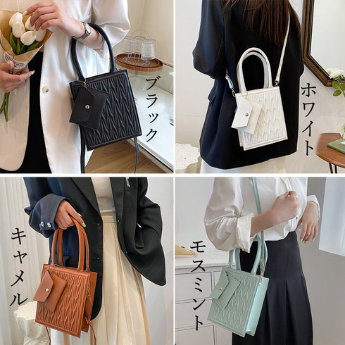 ショルダーバッグ コインケース付きセット スクエアバッグ おしゃれ ミニトートバッグ 縦型 ファスナー付き オルチャン肩掛けバッグ お出かけ斜めがけ ハンドバッグ 77XIAO-003