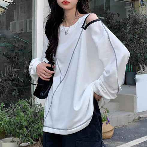 ロングtシャツ カットソー 春秋冬 無地 レディース トップス 体型カバー ファスナー付き 肌見せ ゆったり スウェット オルチャン ラウンドネック トレーナー 77XIAOHD-009