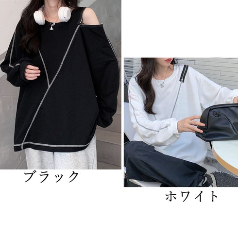 ロングtシャツ カットソー 春秋冬 無地 レディース トップス 体型カバー ファスナー付き 肌見せ ゆったり スウェット オルチャン ラウンドネック トレーナー 77XIAOHD-009